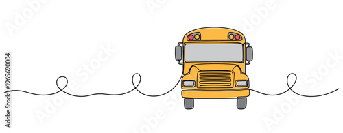 Yellow school bus front view parked on white backdrop with line. no editable strokes