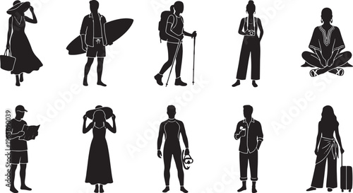 Black silhouettes of diverse people in various poses and outfits with accessories