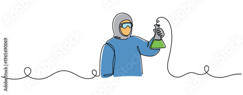 Scientist wearing protective suit holding flask in laboratory. no editable strokes