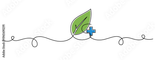 Leaf with medical cross symbol connected by continuous line artwork. no editable strokes