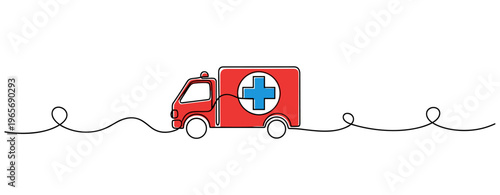 Ambulance driving along continuous line on white background. no editable strokes