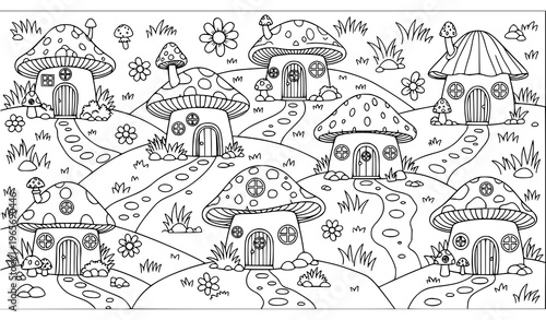 Fantasy Mushroom Village Coloring Page for Kids with Cute Fairy Houses and Nature Scene