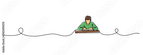 Student writing at desk in continuous line simple illustration. no editable strokes