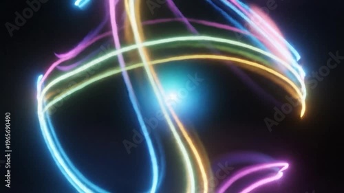 A glowing abstract sphere composed of swirling neon light trails in vibrant colors against a dark background