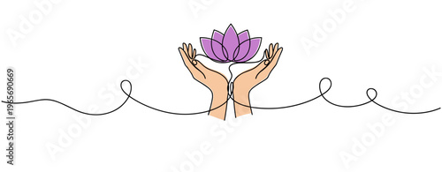 Hands holding lotus flower in meditative gesture on white. no editable strokes