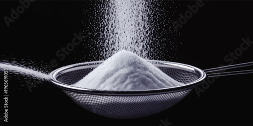 Fine powder falling into metal sieve on black background, dynamic cooking ingredient splash, food baking concept illustration