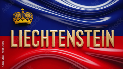Liechtenstein flag illustration with golden crown and 3D Liechtenstein text on glossy blue and red patriotic background