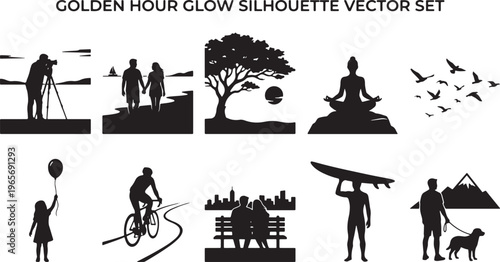 Silhouetted people in outdoor activities during golden hour with birds and trees walking