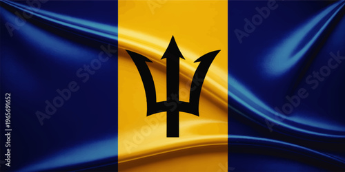 Barbados national flag with black trident symbol on silky blue and gold fabric, Caribbean island patriotism background illustration