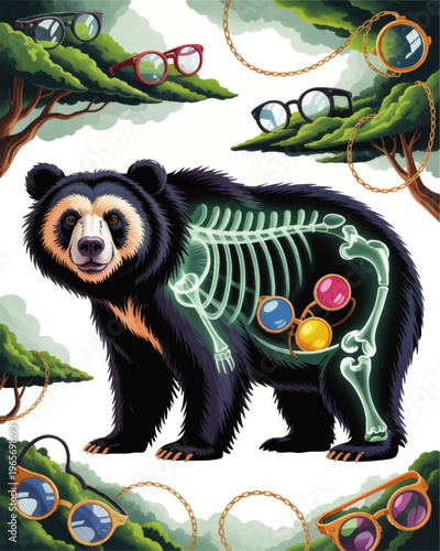 Surreal spectacled bear x ray illustration with glasses and sunglasses in forest, whimsical wildlife veterinary concept art