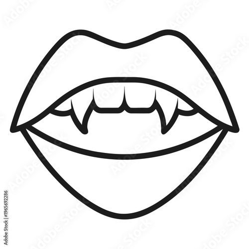 A black and white line art drawing of an open mouth with sharp vampire fangs for Halloween on a white background.