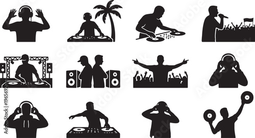 Silhouettes of diverse people performing various activities in modern indoor and outdoor settings