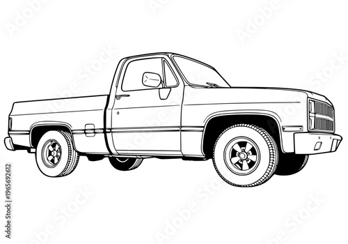 Classic 1980s American Pickup Truck Line Art Illustration, Vintage Square Body Vehicle