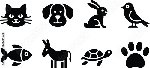 Collection of Cute Animal Icons: Cat, Dog, Rabbit, Bird, Fish, Donkey, Turtle, and Paw Print