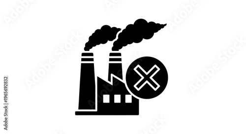 A black and white icon of a factory with a big X marked through it, symbolizing pollution and environmental awareness. Abstrack background