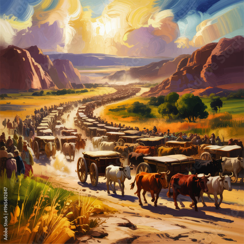 Colorful western wagon train caravan crossing desert canyon valley at sunset, historical pioneer migration illustration, dramatic landscape art
