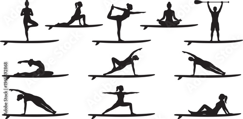 Silhouettes of people in various poses and animals walking on a horizontal line black white background