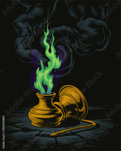 Glowing Green Magic Flame in Antique Golden Lamp with Dark Smoke Swirl on Black Fantasy Background Illustration