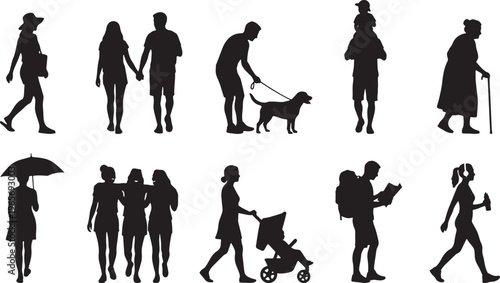Silhouettes of people in various poses with and without animals outdoors human figures walking running