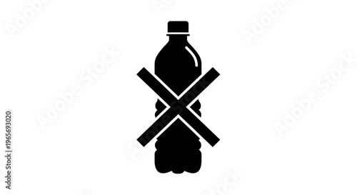A black silhouette of a plastic bottle with a large X marked through it on a white background Abstrack background