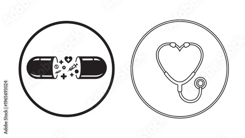 Medicine Capsule and Stethoscope Icon Set Line Art Vector Illustration for Pharmacy Healthcare Treatment and Medical Services