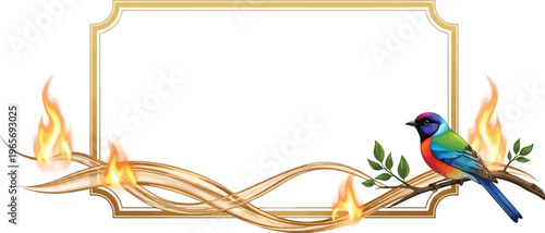 A vibrant bird perches on a branch surrounded by flames and leaves within a golden frame.