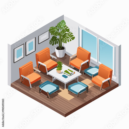 Stylish isometric office lounge space with vibrant seating, perfect for modern workplace collaboration