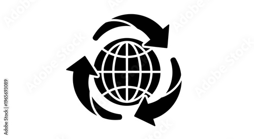 A black and white logo of a globe with arrows forming a circular motion around it Abstrack background