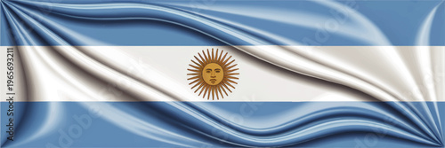 Waving Argentina flag with sun of May, realistic blue and white silk fabric folds, patriotic Argentine background for independence celebrations