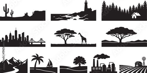 Silhouettes of urban and natural scenes with iconic landmarks and animals city skyline skyscrapers church steeple