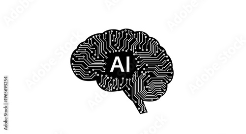 A stylized illustration of a brain with circuit board patterns and the letters AI in the center. Abstrack background