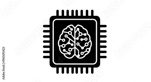 A black and white illustration of a microchip with a brain on it, symbolizing artificial intelligence and technology. Abstrack background