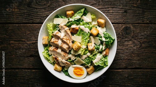 Delicious Caesar Salad with Grilled Chicken, Croutons, and a Perfectly Boiled Egg.