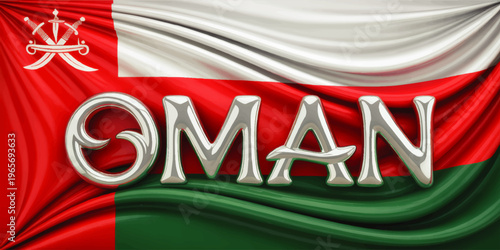 Oman flag with silver 3D Oman text and national emblem, realistic red white green fabric background for patriotic Middle East design