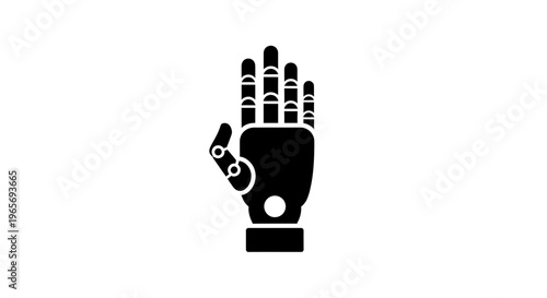 A black and white illustration of a robotic hand with a mechanical wrist and fingers. Abstrack background