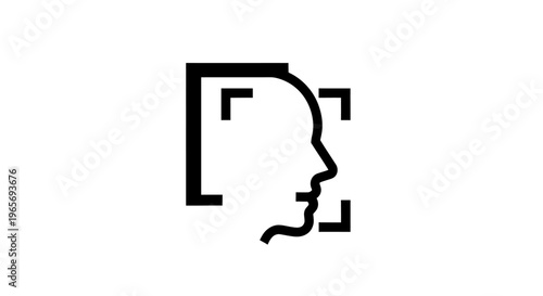 A minimalist black and white logo featuring a human head silhouette with camera viewfinder lines Abstrack background