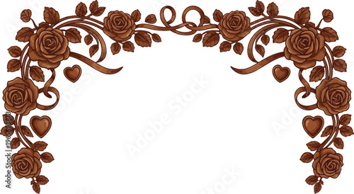 A beautiful brown floral border with roses and hearts on a white background