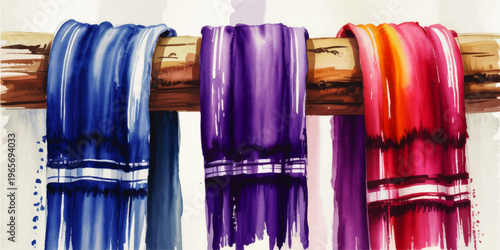 Colorful watercolor scarves hanging on rustic wooden rod, blue purple red textile illustration for fashion decor and boho design