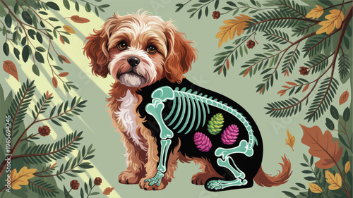 Autumn forest dog illustration with cute puppy x ray skeleton and colorful pine cones, veterinary anatomy art background