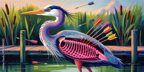 Surreal heron anatomy illustration with colorful arrows on lakeside dock, vivid marsh landscape and dramatic wildlife concept art