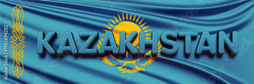 Kazakhstan flag illustration with 3D text, golden sun and eagle emblem, patriotic national banner background for travel and tourism design