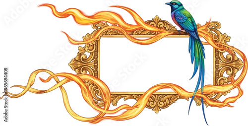 A vibrant blue and green bird perches on an ornate golden frame with flowing orange flames.