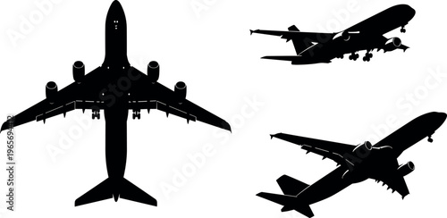 Airplane silhouette set, commercial aircraft collection, aviation transport illustration, jet planes flying, passenger airliner views, isolated black aircraft icons design