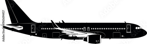 Airplane silhouette side view, commercial passenger aircraft illustration, aviation transport concept, jet airliner design, isolated black plane graphic, travel industry symbol