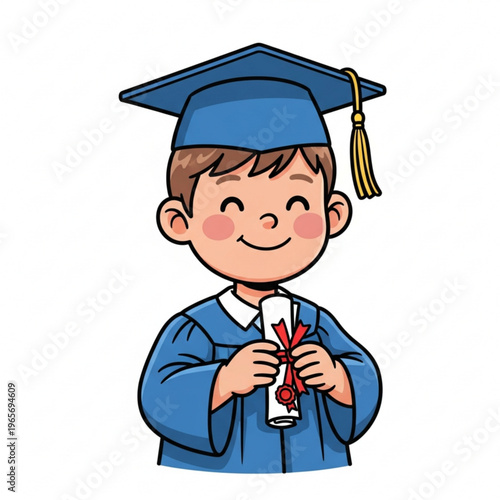 Cute cartoon boy in blue graduation cap and gown holding a rolled diploma with a red ribbon, smiling happily.