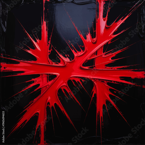 Red paint splash explosion on dark background, dynamic abstract art with glossy liquid streaks, bold modern graphic design