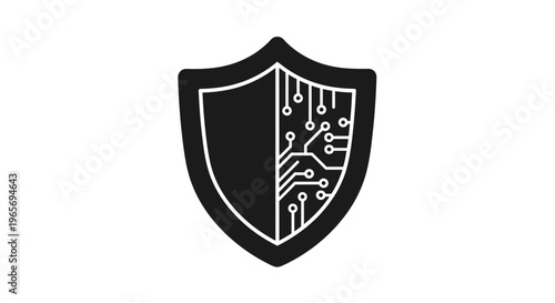 A black and white shield icon with a circuit board design on a white background Abstrack background