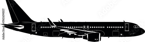 Airplane silhouette side view, commercial passenger aircraft illustration, aviation transport concept, jet airliner design, isolated black plane graphic, travel symbol
