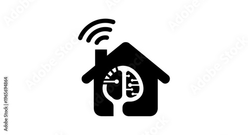 A black and white icon of a house with a brain inside, representing smart home technology and artificial intelligence. Abstrack background