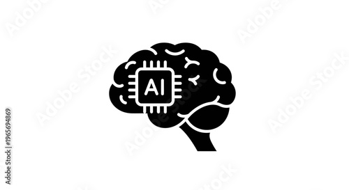 A black and white illustration of a brain with a microchip representing artificial intelligence Abstrack background